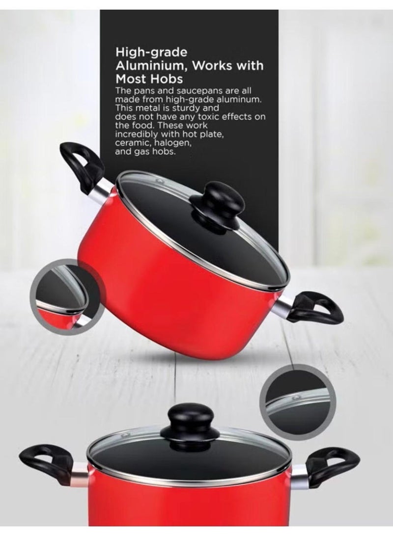 PERFECT KITCHEN 7-PCS Non-Stick Cookware Set + 2 Kitchen Tools, Red & Black – 3 Casseroles + Sauce Pan + 3 Glass Lids, Induction Compatible Pots & Pans Set (20cm Casserole, 24cm Casserole, 18cm Sauce Pan) - Image 3